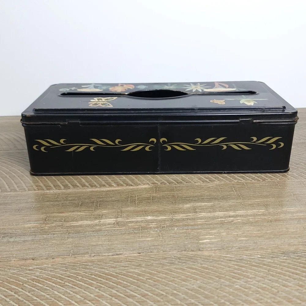 Vintage Decorative Tissue Box Cover Metal Tole Ware Hand Painted Floral Hanging